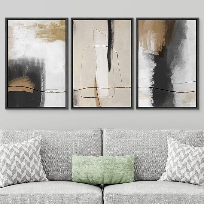 SIGNWIN Framed Canvas Print Wall Art Set Geometric Line Brown Black Pastel Color Field Abstract Shapes Illustrations Modern Art Decorative Colorful for Living Room, Bedroom, Office - 16"x24"x3 Black