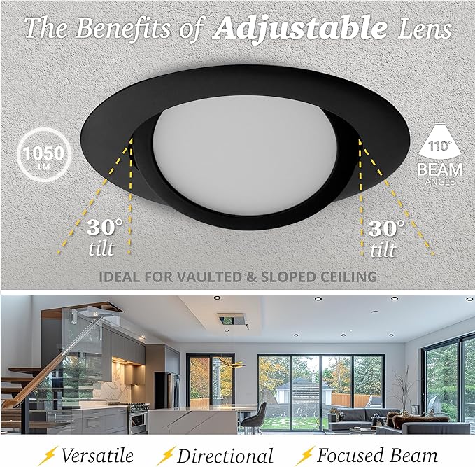 NUWATT 12 Pack, 6 inch Black Gimbal LED Recessed Lighting Canless Wafer Lights, 5CCT 2700K/3000K/3500K/4000K/5000K Selectable, Dimmable 1050LM, 12W, Directional Recessed Light for Sloped Ceilings, ETL