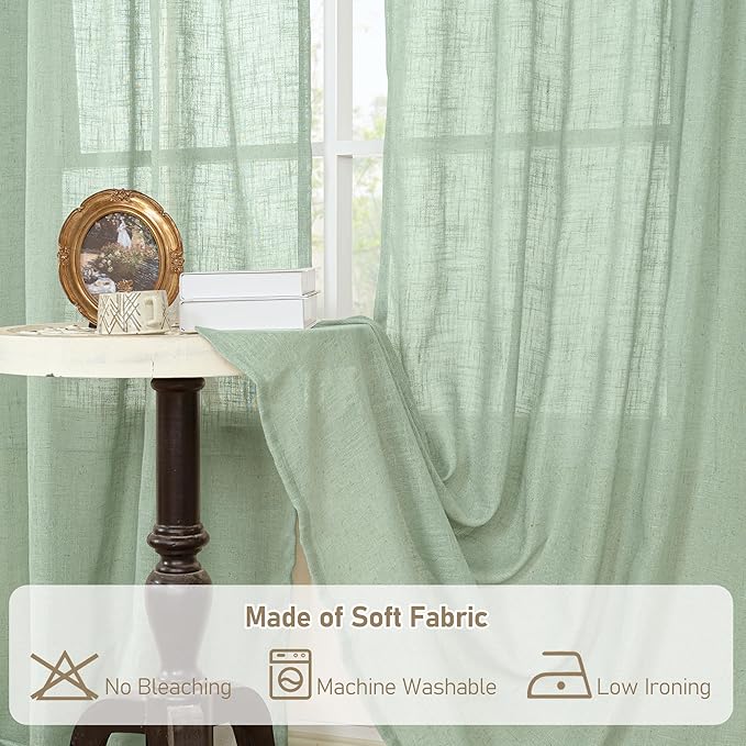 LAMIT Fresh Green Linen Curtains 54 Inch Length, Light Filtering Panels Back Tab and Rod Pocket Neutral Drapes for Living Room/Window/Bedroom, 52 x 54 Inch, 2 Panels