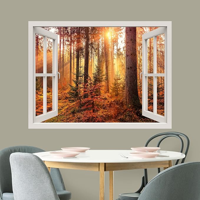 wall26 Removable Wall Sticker/Wall Mural Window View Autumn Fall Season Sunlight Tree Forest Wilderness Nature Photography Realism Rustic Landscape Colorful for Living Room, Bedroom, Office - 36"x48"