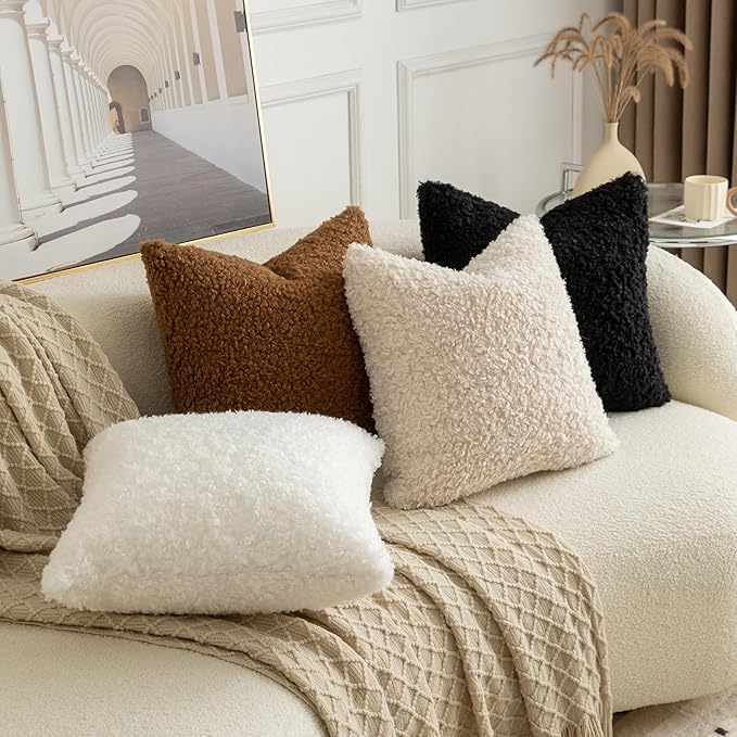 Pack of 2 Curly Teddy Wool Faux Fur Throw Pillow Covers Fuzzy Accent Soft Sherpa Pillowcases Sheepskin Fleece Decorative Cushion Case for Sofa Couch Living Room 22x22 Inch Black