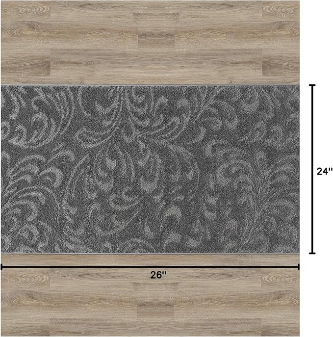 Custom Cut Hallway Runner Rug, Slip Resistant, 26 Inch Wide X Your Choice of Length, Floral Anthracite, 26 Inch X 2 Feet, Doormat Size