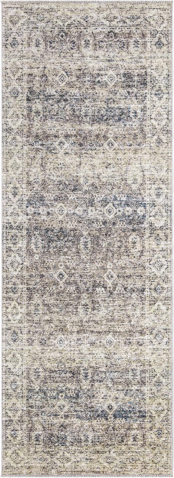 Bloom Rugs Caria Washable Non-Slip 12 ft Runner - Beige Brown/Teal Traditional Runner for Entryway, Hallway, Bathroom, and Kitchen - Exact Size: 2'6" x 12'