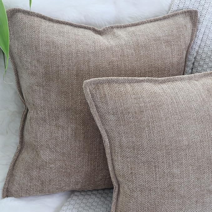 OYIMUA Soft Textured Decorative Throw Pillow Covers 16x16 Neutral Brown Chenille Square Accent Solid Cushion Cover Cozy Farmhouse Pillow Cases for Couch Sofa Bedroom Living Room
