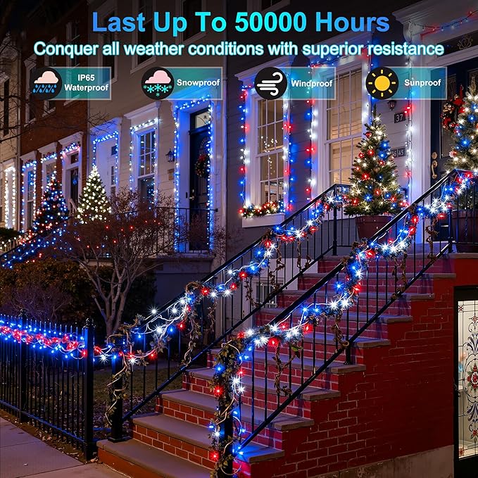470FT 1500LED Christmas Lights, 12 Modes Red Blue and White Outdoor String Lights with Timer & Dimmable, Waterproof Green Wire Christmas String Lights for Indoor Tree Xmas Patio Fence Wedding Party