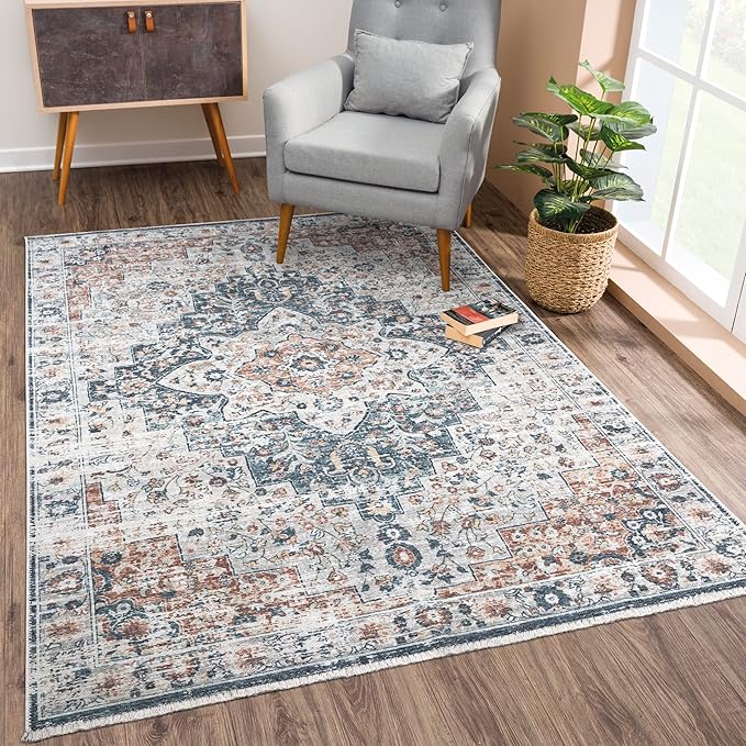Bloom Rugs Caria Washable Non-Slip 8x10 Rug - Terracotta/Teal Traditional Area Rug for Living Room, Bedroom, Dining Room, and Kitchen - Exact Size: 7'8" x 10'