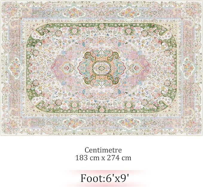 Casrage 6x9 Area Rugs Washable,Pink Rug for Living Room Bedroom Kitchen,Large Boho Vintage Bohemian Distressed Carpet Non Slip,Blush Green