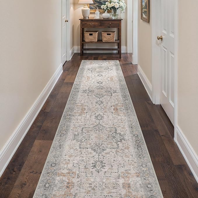 Runner Rug 2'6''x12, Non Slip Vintage Hallway Runner Rugs, Low Pile Lightweight Machine Washable Mat for Hallway, Entryway, Bedroom, Kitchen and Corridor, Light Taupe Brown