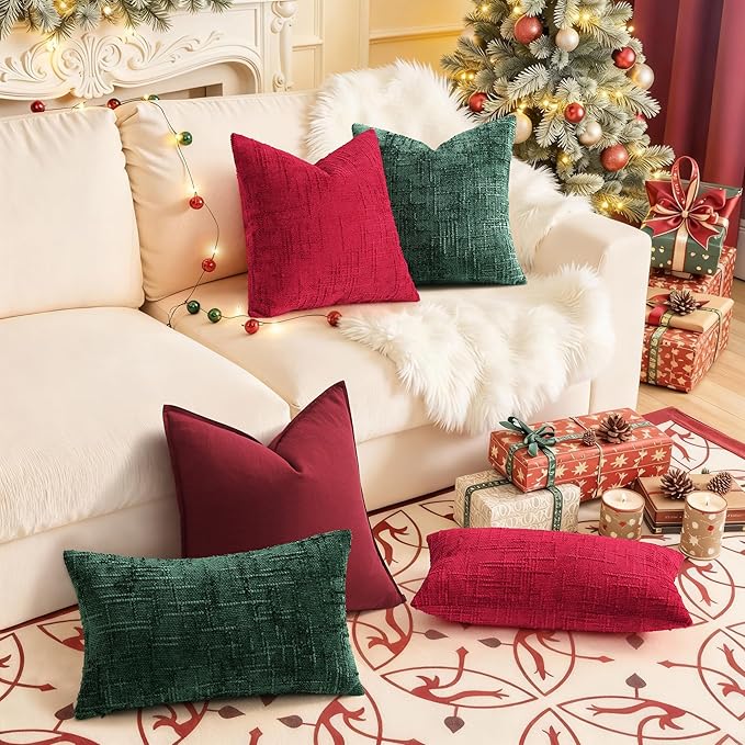 decorUhome Christmas Red Chenille Throw Pillow Covers 20x20 Set of 2 Thick Textured Slubby Couch Pillow Covers Farmhouse Accent Modern Neutral Decorative Pillow Cases for Bed Sofa Living Room