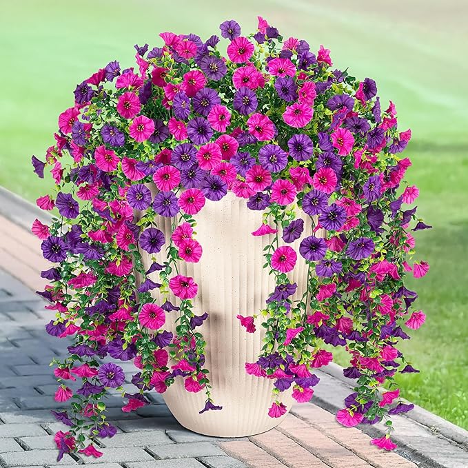 Artificial Hanging Flowers for Outdoor, 2pcs Fake Plants Long Vine Morning Glory Eucalyptus, UV Resistant Realistic Faux Greenery Indoor Outside Patio Porch Garden Spring Summer Decor, Purple