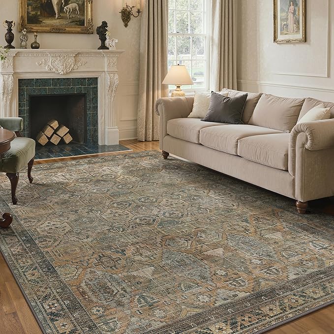 GENIMO 3x5 Area Rugs for Living Room, Machine Washable Non Slip Vintage Rugs, Low Pile Lightweight Chenille Print Rug for Bedroom, Dining Room, Home Office, Warm Taupe