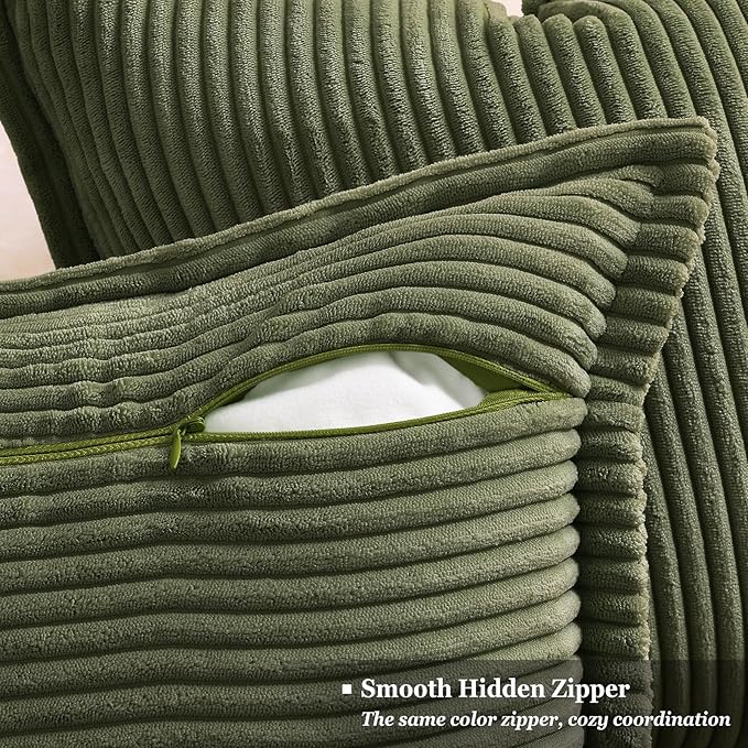 decorUhome Christmas Corduroy Olive Green Throw Pillow Covers 18x18 Set of 2 Decorative Soft Boho Farmhouse Euro Couch Pillow Covers for Living Room Bed Sofa Broadside Striped Pillow Cases