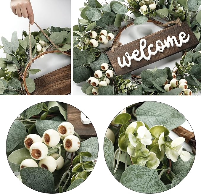 Sggvecsy Green Artificial Eucalyptus Wreath with Welcome Sign 20in Spring Summer Wreath with White Berries for Front Door Wall Window Festival Porch Farmhouse Patio Garden Decor