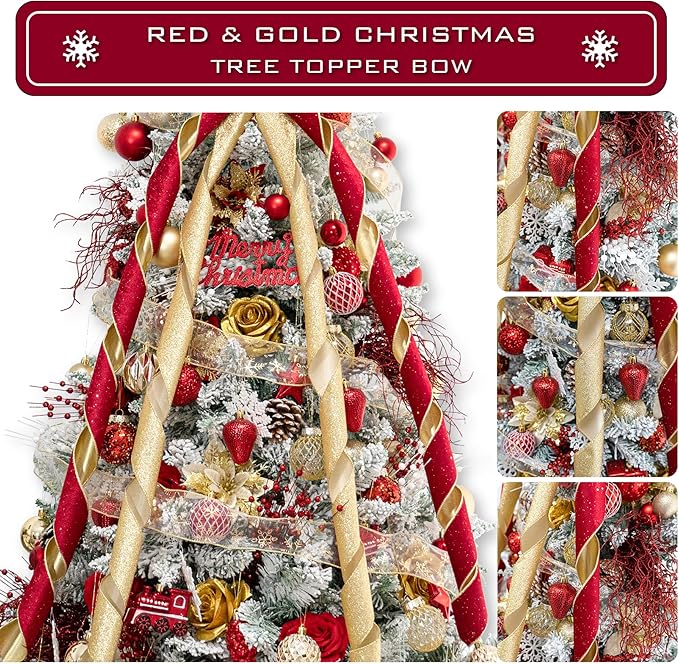 Christmas Tree Topper Bow, 53x13 Inches Large Christmas Bow with Glitter Streamer, Decorative Ribbon Bows for Xmas Tree Wreath Door Festival Home Decor(Red & Gold)