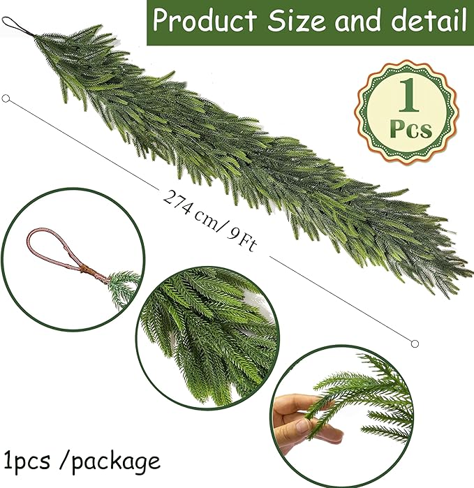 9 Ft Christmas Garland Real Touch Norfolk Pine Garland Christmas Decorations Faux Realistic Winter Pine Garlands for Mantle, Table, Stairs, Doorframe, Fireplace Indoor Outdoor Holiday Xmas Decor