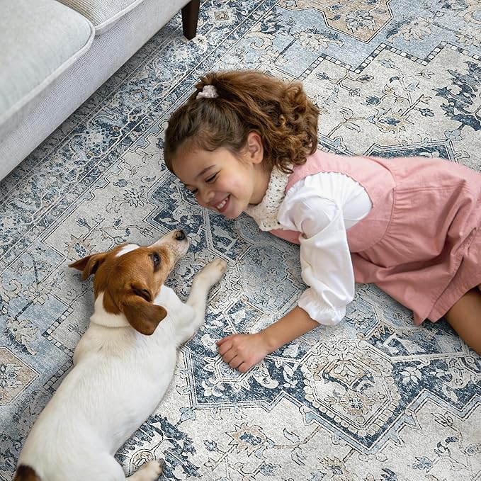 GENIMO Runner Rug 2x6, Machine Washable Runners, Non Slip Vintage Hallway Runner Rugs, Low Pile Lightweight Mat for Entryway, Hallway, Kitchen and Corridor, Blue