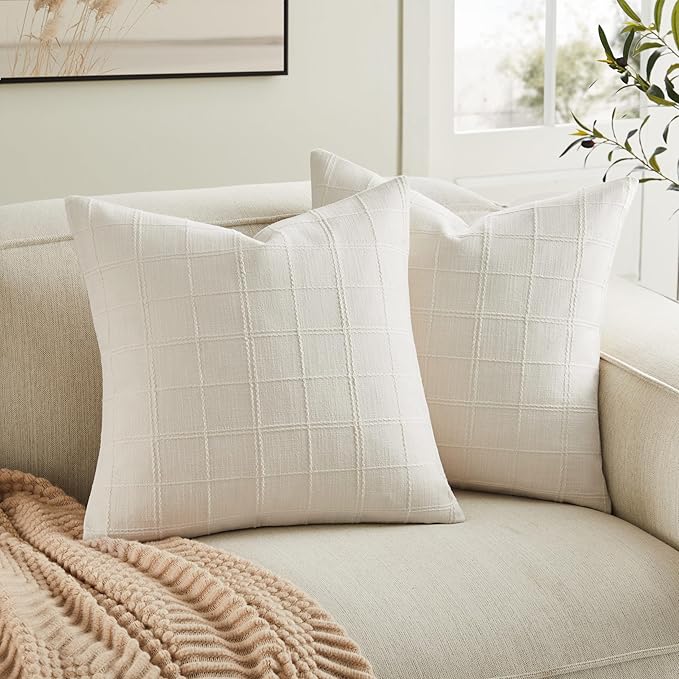 ZeeMart Linen Checked Throw Pillow Covers Set of 2, 18x18 Inch Ivory/Cream, Farmhouse Decorative Single Sided Grid Embroidered Couch Pillow Cases Off White Cotton Linen Cushion Covers