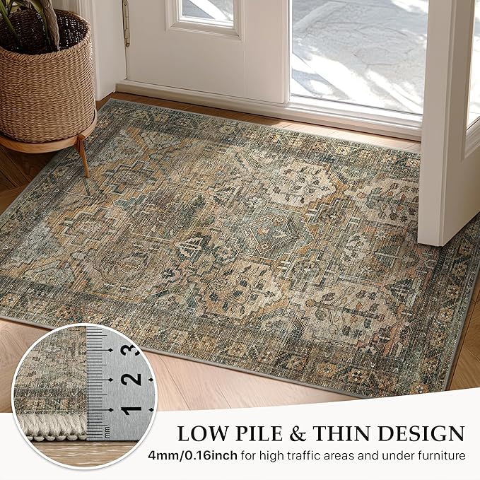 GENIMO 2x8 Runner Rugs for Hallway, Machine Washable Non Slip Vintage Rugs, Low Pile Lightweight Soft Print Rug for enrtyway, Corridor, Home, Office, Kitchen, Muted Taupe