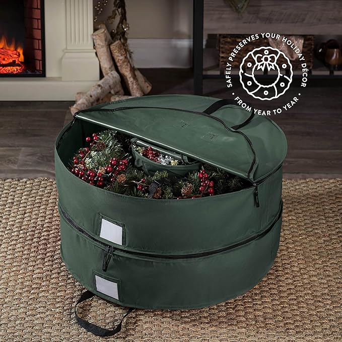 ZOBER Christmas Wreath Storage Container 24 Inch - Wreath Bag Fits 2 Wreaths Box - 600D Oxford Fabric - Interior Compartment for Storing Garlands, Wreaths Storage Bag W Strong Durable Handles - Green