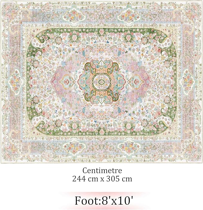 8x10 Area Rugs Washable,Pink Rug for Living Room Bedroom Dining Room,Large Boho Vintage Bohemian Distressed Carpet Non Slip,Blush Green