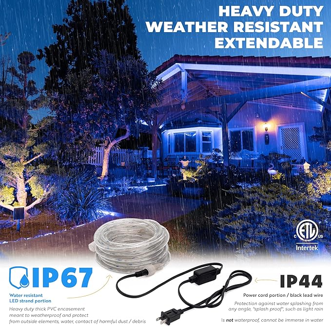 WYZworks 288LEDs, 25ft LED Outside Rope Lights, Waterproof Permanent Outdoor ETL Certified Connectable Clear Tube, Christmas Palm Tree Holiday Decorative Landscape Patio Accent Lighting - Blue