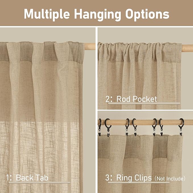 LAMIT 45 Inch Short Window Linen Curtains, Light Filtering Panels Back Tab and Rod Pocket Neutral Drapes for Cafe/Bathroom/Loft Room, Brown, 2 Panels, 34 x 45 Inch