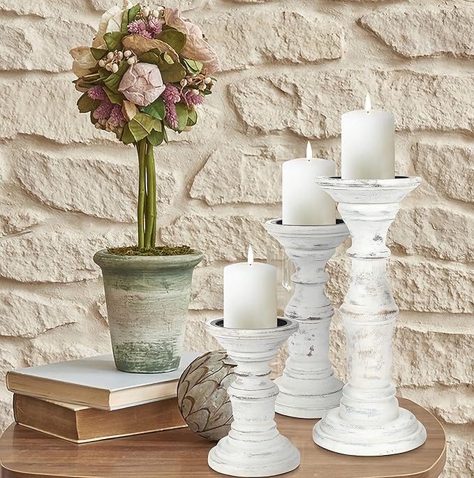 Candle Holder Stand Wooden, Pillar Candle Holders, Unity Candle Holders, Rounded Turned Colums, Country Style Ideal for Gift, Wedding, Christmas, Party, Spa - 10,8,6 Inch- Set of 3 - Antique White