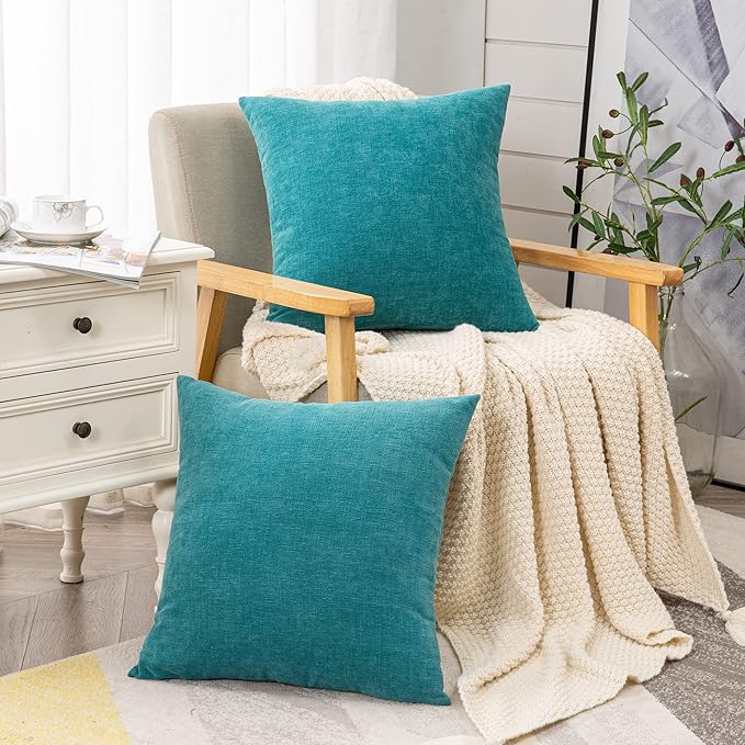 GAWAMAY Decorative Square Throw Pillow Covers 22"x22" Inch Set of 2, Super Soft Chenille Pillows Farmhouse Fall Pillowcase for Living Room Bedroom Sofa Couch Cushion Cover Teal 55x55cm (No Insert)