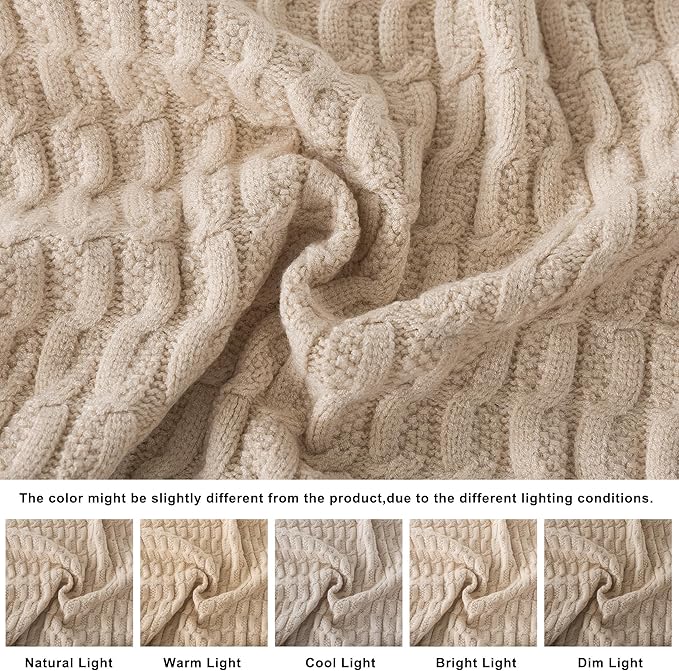 WDCOZY Cable Knit Throw Blanket – Super Soft, Warm & Lightweight Knitted Jacquard Throw Blanket for Couch, Sofa, Bed, Chair, Cozy Texture Farmhouse Decorative Home Blanket, Beige 50x60 inches