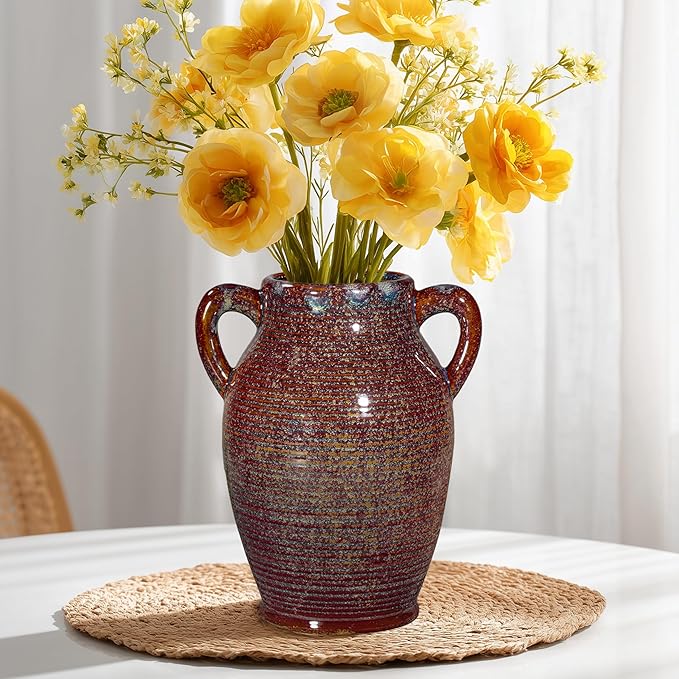 Sunddo Brown Ceramic Vase 8 Inch - Rustic Decorative Flower Vase with 2 Handles, Farmhouse Decor, Bedroom, Bathroom, Bookshelf, Mantel, Living Room Decor