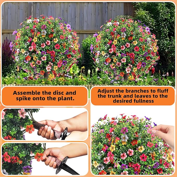 27.5" Artificial Boxwood Topiary Ball Trees with Colorful Flowers, Set of 2 Fake Bushes Shrubs with Ground Spike, UV Resistant Faux Evergreen Tree for Front Porch Outdoor Garden Decor