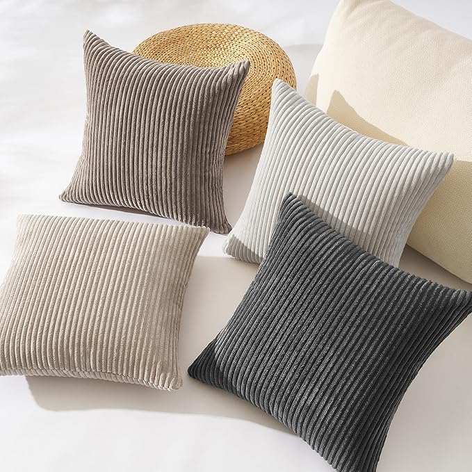 Topfinel 4 Packs Natural Decorative Throw Pillows Covers 18x18 Inch for Living Room Couch Bed Sofa, Rustic Farmhouse Boho Home Decor, Soft Plush Striped Corduroy Square Cushion Case 45x45 cm