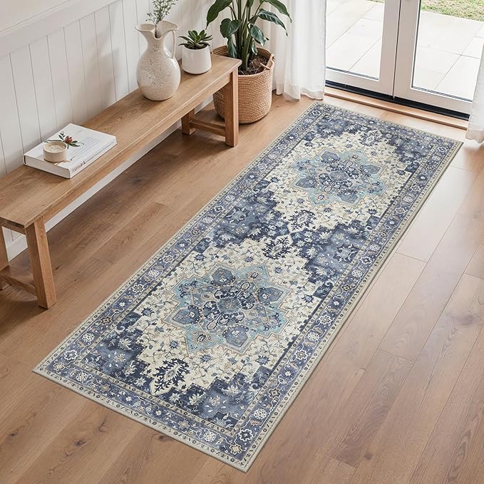 2'6''x6 Runner Rugs for Hallway, Machine Washable Non Slip Vintage Rugs, Low Pile Lightweight Soft Print Rug for enrtyway, Corridor, Home Office, Kitchen, Center Blue