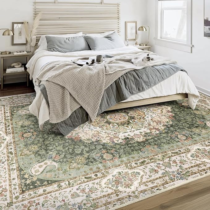 Casrage 6x9 Area Rugs Washable,Green Rug for Living Room Bedroom Kitchen,Large Boho Vintage Bohemian Distressed Carpet Non Slip,Floral