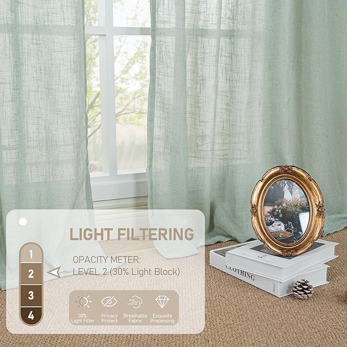 LAMIT Short Window Linen Curtains 36 Inch Length 2 Panels, Light Sage Light Filtering Panels Back Tab and Rod Pocket Neutral Drapes for Bathroom/Loft Room, 34 x 36 Inch