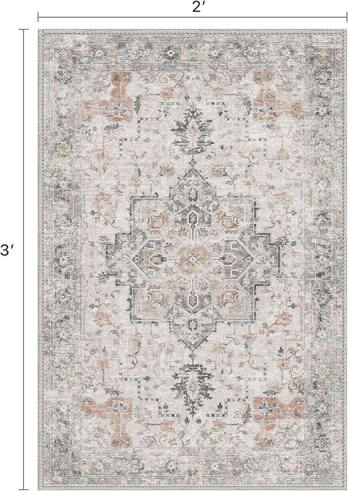 Area Rug 2x3 Doormat, Machine Washable Low Pile Rugs, Small Retro Entryway Mat for Entrance, Hallway, Kitchen and Corridor, Light Taupe Brown