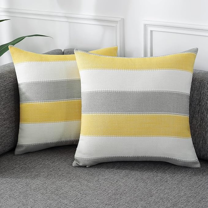 AmHoo Pack of 2 Farmhouse Stripe Check Throw Pillow Covers Set Case Cotton Linen Decorative Pillowcases Cushion Cover for Couch Bench Sofa 22x22Inch Yellow Beige