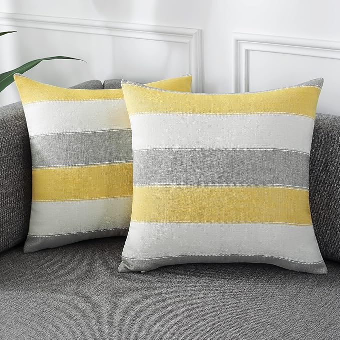 AmHoo Pack of 2 Farmhouse Stripe Check Throw Pillow Covers Set Case Cotton Linen Decorative Pillowcases Cushion Cover for Couch Bench Sofa 24x24Inch Yellow Beige