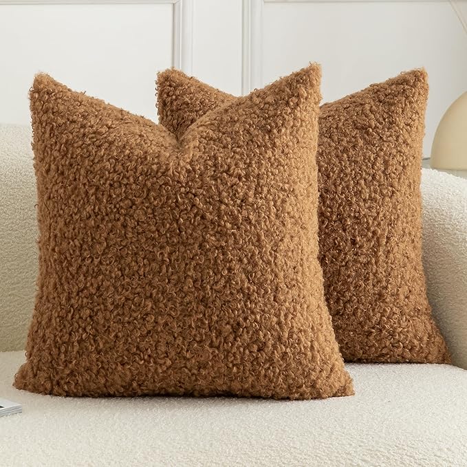 Pack of 2 Curly Teddy Wool Faux Fur Throw Pillow Covers Fuzzy Accent Soft Sherpa Pillowcases Sheepskin Fleece Decorative Cushion Case for Sofa Couch Living Room 26x26 Inch Bronze