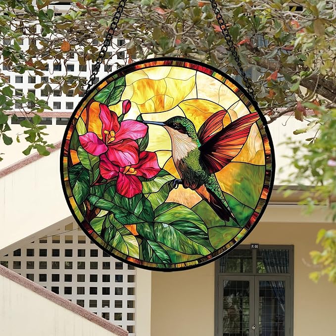 Stained Glass Suncatcher, Hummingbird Red Flowers Green Leaves Sun Catcher Stain Glass Window Hanging Decoration Mother's Day Birthday Gifts for Bird Lover Women Men Mom Nana 9.8 in