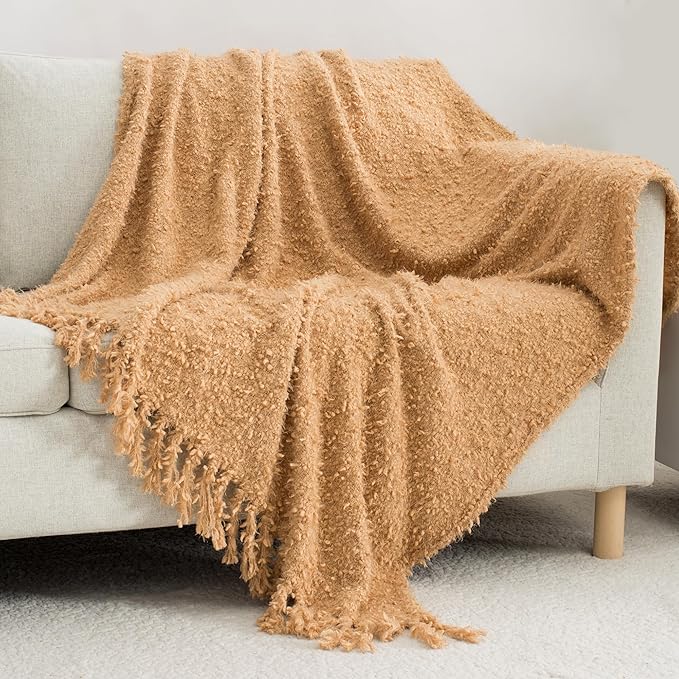 Winter Knit Throw Blanket Fluffy Fuzzy Soft Lightweight Cozy Farmhouse Tassels Chunky Knitted Throws for Couch Sofa Bed (Camel, 60"x80")
