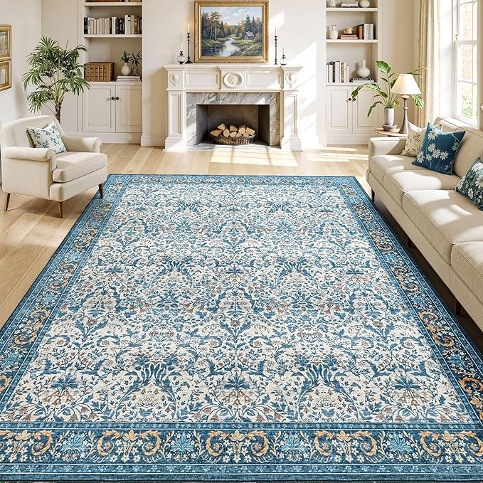 Woaboy Washable 8x10 Area Rug for Living Room Bedroom Dining Room Under Kitchen Table,Non-Slip Low Pile Stain Resistant Soft Large Carpet for Vintage Floral Oriental Home Decor Blue