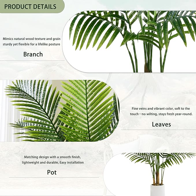 Artificial Palm Tree 5FT Faux Plants Indoor Tropical Fake Palm Tree Areca Floor Plant in White Pot with 13 Trunks & Real Bark Design, Faux Palm Plant for Outdoor Patio Home Room Office Decor