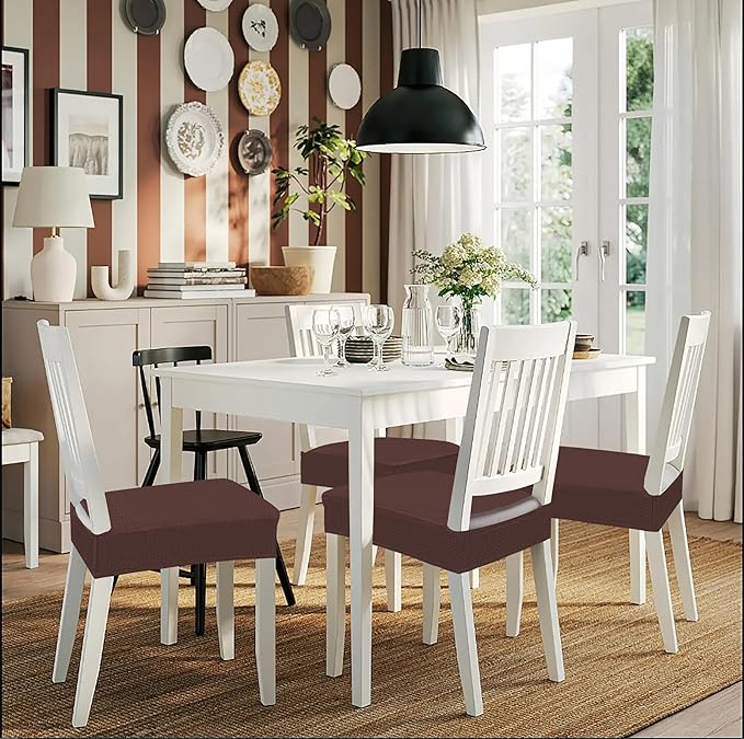 Smiry Stretch Jacquard Seat Covers for Dining Room Chairs Set of 2, Removable Washable Chair Seat Protector Slipcovers, No Rear Covers, Light Chocolate