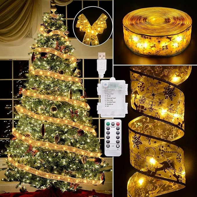 Christmas Decorations, 2.5Inch x 33Ft 100 Led Christmas Tree Ribbon Lights with Remote Control, Battery Operated & USB Powered 8 Lighting Modes Fairy String Lights with Timer for Xmas Decor