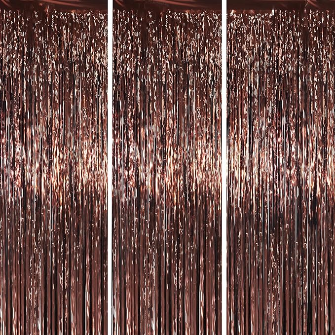 3.3 x 6.6 ft Foil Fringe Backdrop Curtains, Tinsel Streamers Party Decorations, Fringe Backdrop for Birthday, Baby Shower, Gender Reveal, Graduation (3, Brown)