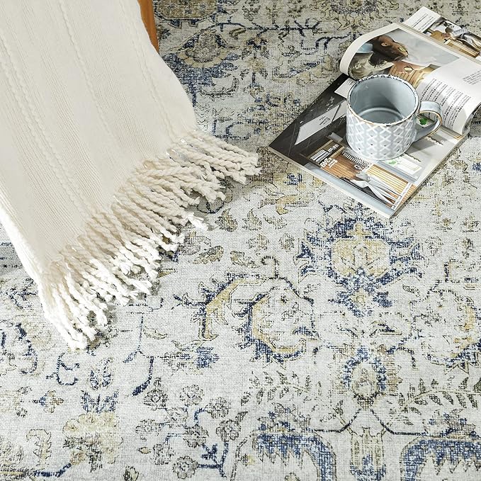 jinchan Kalen Runner Rug 3x10 Washable Hallway Rug Vintage Runner Indoor Floor Cover Thin Retro Distressed Floral Country Non Slip Carpet for Entryway Bathroom Bedroom Living Room Stairway Blue