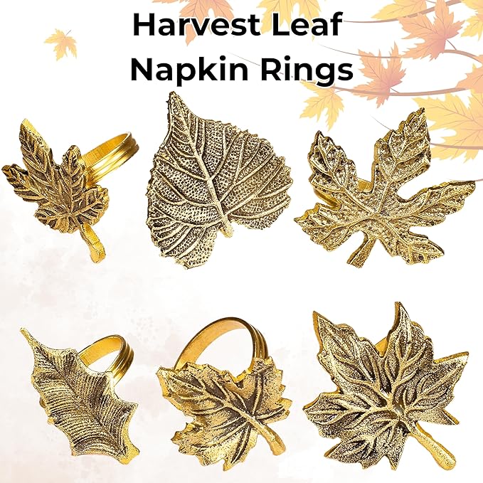 ALPHA Living HOME 12-Piece Metal Napkin Rings - Antique Gold Harvest Leaf Napkin Rings - Decorative Table Accents for Holiday Party, Dinner, Family Gatherings, Table Décor Weddings & Everyday Use