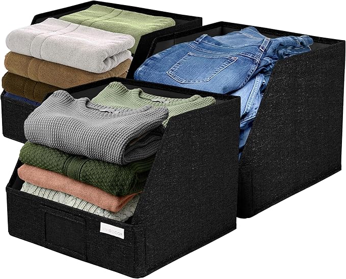 Trapezoid Closet Bins for Shelves – 12x12x10 Fabric Storage Baskets, Collapsible Organizer Boxes for Bedroom, Jeans, Sweaters– Black, 3 Pack