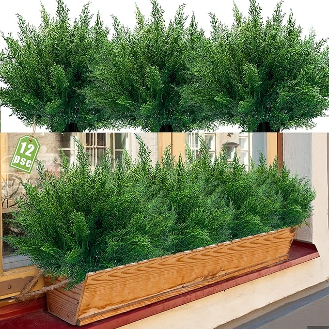 JIFTOK Artificial Flowers Fake Plants for Outdoor, 12pcs Outdoor Artificial Plants UV Resistant for Home Decor Indoor, Faux Greenery Shrubs Plastic Flowers for Office Kitchen Garden Porch(Pine Tree)